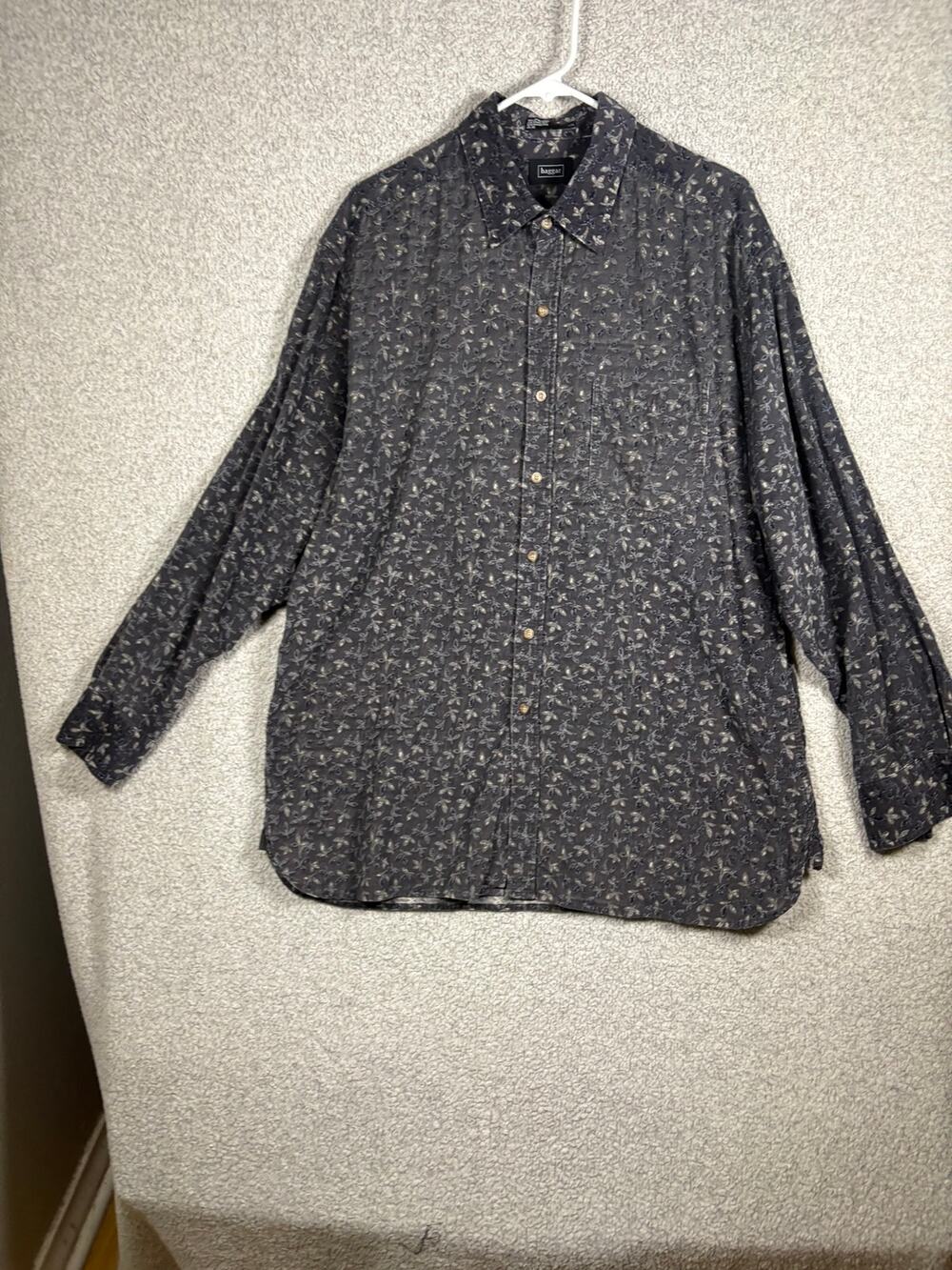 Haggar Mens L Gray Floral Print Cotton Button Down Shirt Dark Academia